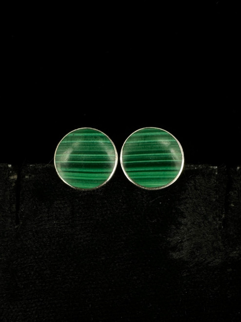 Vintage Sterling Modernist Malachite Circle Post Back Earrings