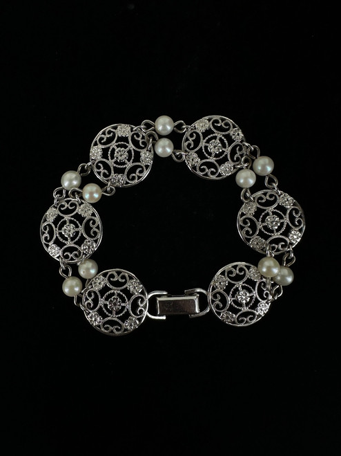 Vintage Van Dell Sterling Art Deco Revival Floral Filigree Pearl Link Bracelet