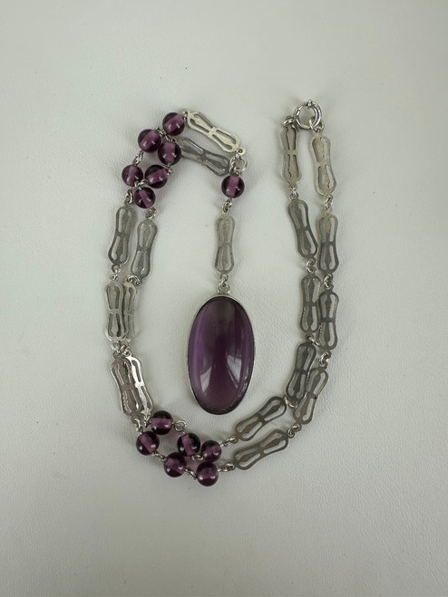 Antique Art Deco Sterling Filigree Purple Glass Bead Pendant Necklace 17.5”
