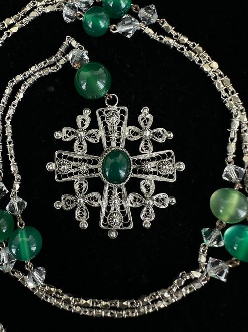 Antique Victorian Etruscan Sterling Chalcedony Filigree Jerusalem Cross Necklace