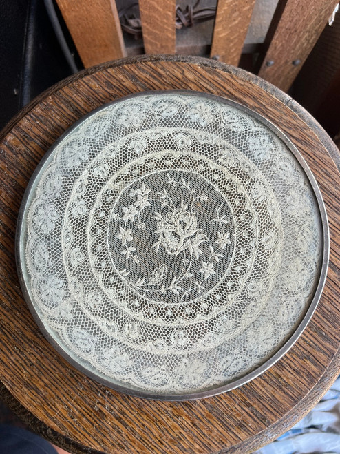 Antique Embroidered French Lace Display Under Glass with Ornate Metal Frame