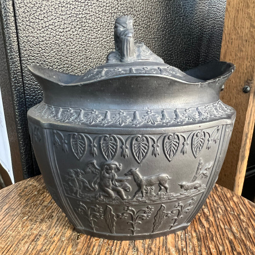 Antique Black Basalt Porcelain Mourning Biscuit Jar w/ Sybil Lid Finial