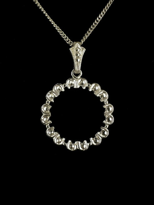 Antique 1930 Art Deco Sterling Rhodium Plated Circle Marcasite Pendant Necklace