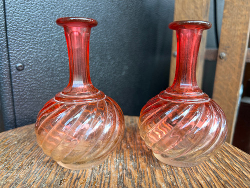 Antique Baccarat Glass Bud Vase Pair Rose Tiente Cadmium Swirl 4.5” Deco Rare
