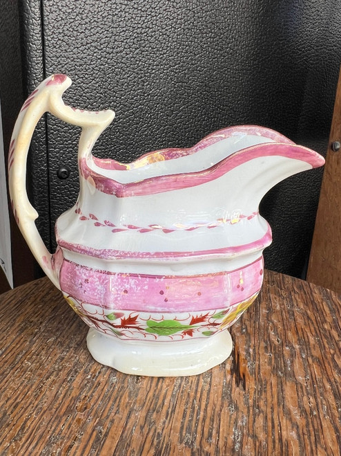 Antique 19th Century Pink Lustreware Creamer – Hand Painted Floral Design - 048