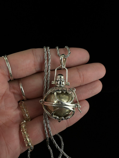 Vintage Sterling Bali Harmony Garnet Jingle Ball Ornate Cage Pendant Necklace