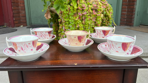 Antique 1840's Pink Lustreware Teacup & Saucer Set (5) - Staffordshire