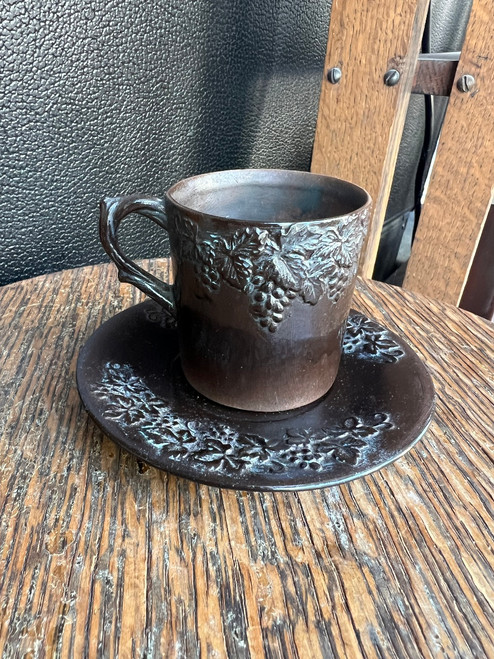 Antique Salt-Glazed Stoneware Cup & Saucer with Grape Vine Motif c.1840's