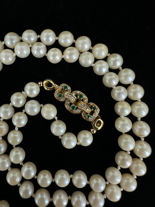 Vintage 18k Gold Long Cultured Pearl Emerald Diamond Pin Clasp Necklace 33.5”