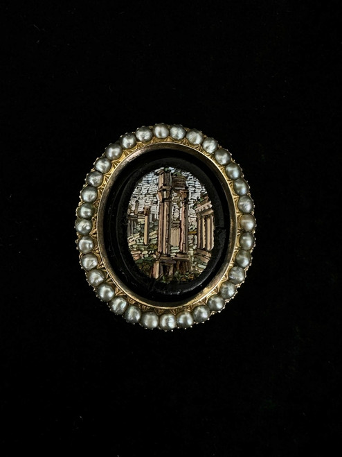 Antique Victorian 12-14k Gold Roman Ruins Micro Mosaic Silver Pearl Brooch/Pin