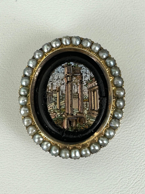 Antique Victorian 12-14k Gold Roman Ruins Micro Mosaic Silver Pearl Brooch/Pin