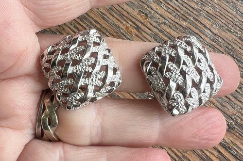 Vintage Crown Trifari Alfred Phillipe Lattice Silver Plated Clip On Earrings