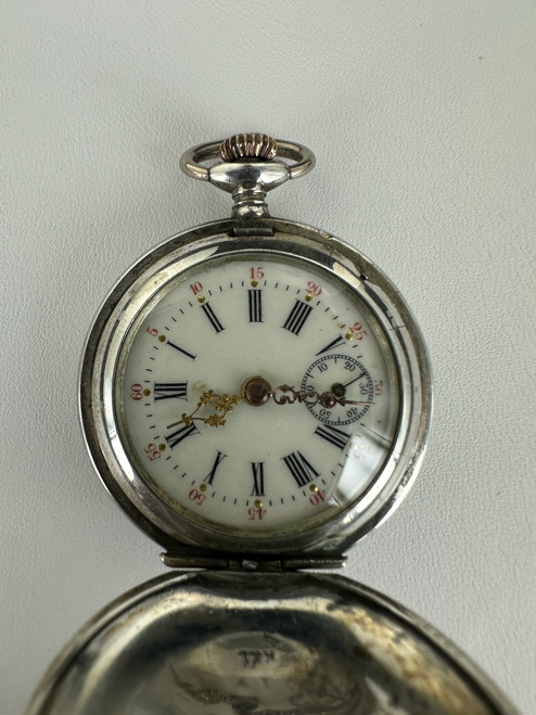 Antique Art Nouveau Coin Silver Swiss Floral Engraved Fancy Dial Pocket Watch