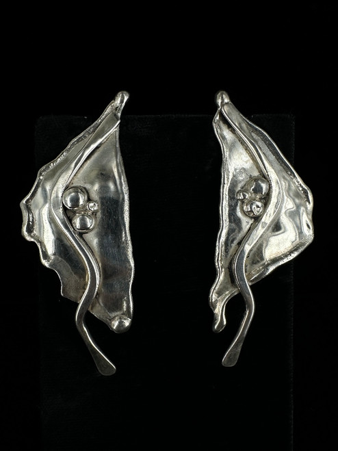 Vintage Sterling Artisan Unique Handmade Floral Leaf Petal Post Back Earrings