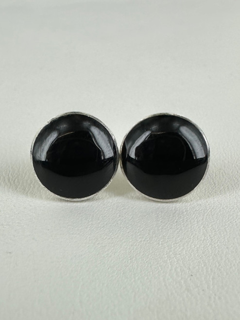 Vintage Sterling Silver Circle Black Onyx Post Back Stud Earrings