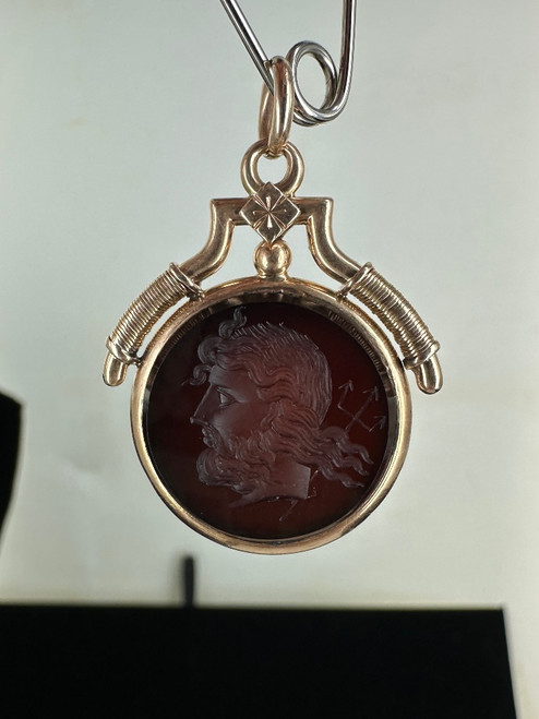 Antique Victorian 14k RG Poseidon Neptune Intaglio Carnelian Fob Charm Pendant