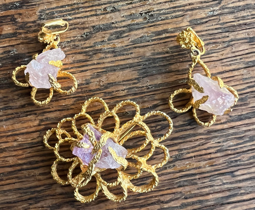 Vintage MCM Abstract Brutalist Amethyst Mineral Gold Plated Pin & Earrings "