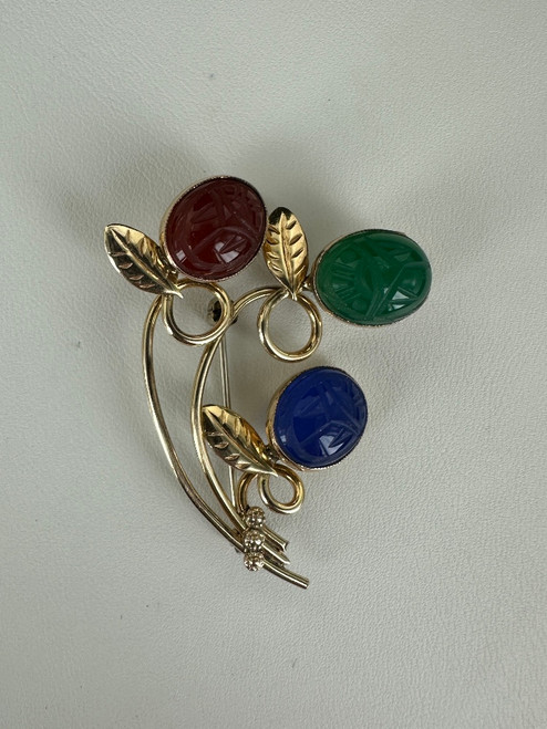 Vintage 12k Gold Filled Scarab Carved Agate Leaf Brooch/Pin
