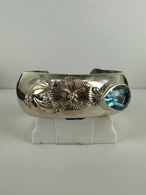 Vintage Sterling 14k Gold Blue Topaz Wide Band Floral Cuff Bracelet 6.5”