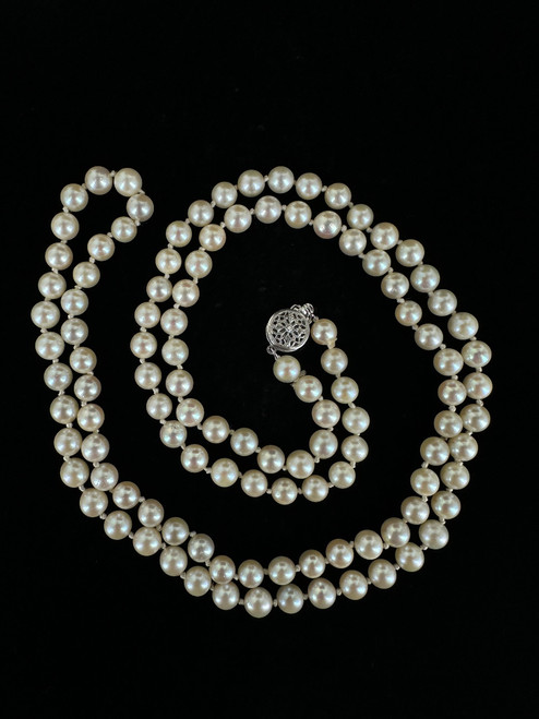 Vintage 14k White Gold Long 5.5 mm Pearl Bead Filigree Clasp Necklace 32”