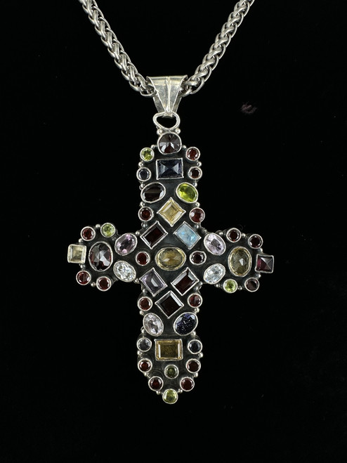 Vintage Sterling Silver Large Multi Gemstone Rainbow Cross Pendant Necklace 31”