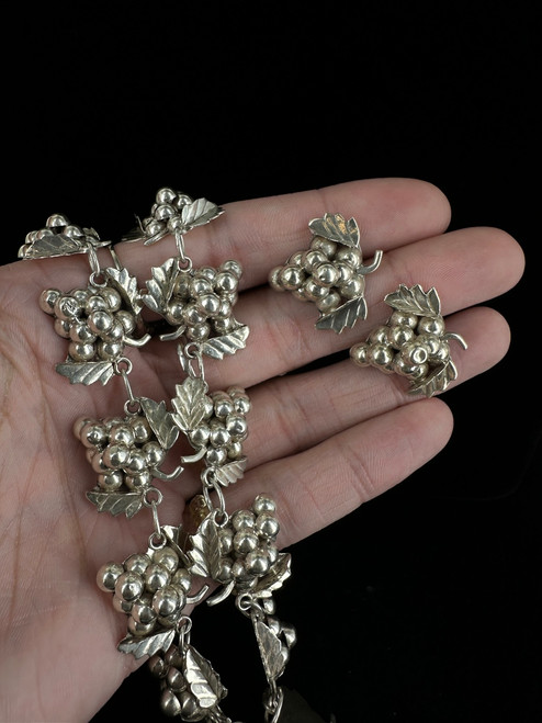Vintage Sterling Silver Taxco Mexico Berry Grapes Necklace Earrings Set