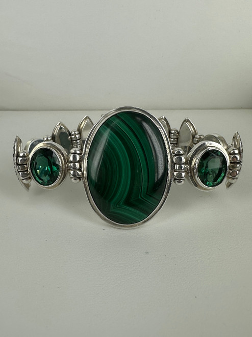 Vintage Sterling Silver Bali Malachite Green Spinel Filigree Link Bracelet