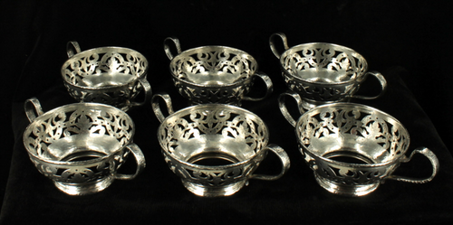 Antique Set of 6 Gorham Sterling Hand Hammered Reticulated Bouillons Dessert Cups