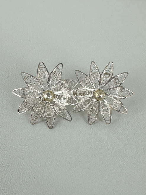 Antique 1930's Ambriz Mexico Sterling Spun Cannetille Filigree Flower Bar Brooch