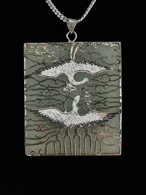 Vintage Chinese Sterling Filigree Crane Jade Large Pendant Necklace 24”