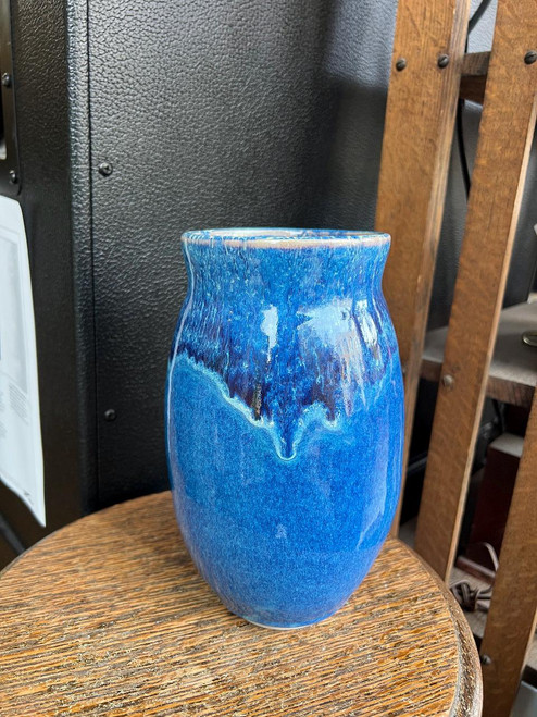 Vintage Studio Pottery Vase Blue Drip Glaze Handmade Signed A Z 8 3/8” High
