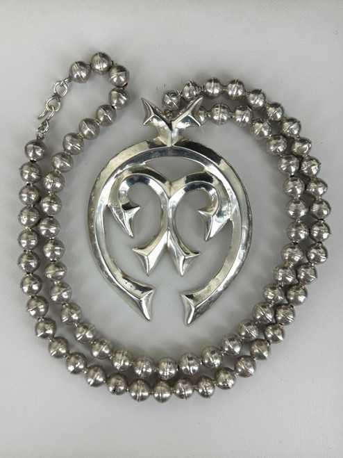 Vintage Sterling Silver Navajo Pearl Naja Large Squash Blossom Pendant Necklace