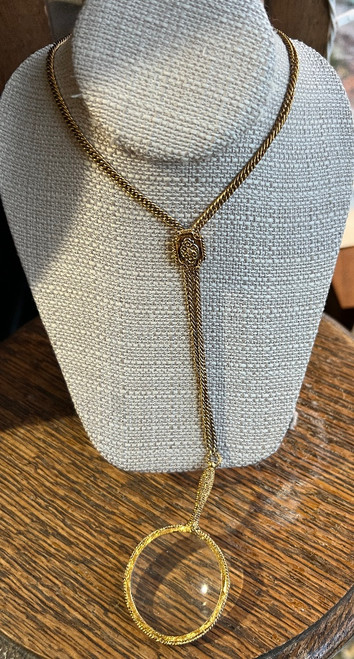 Vintage MCM Magnifying Glass- Slide Necklace- Hollywood Regency GP 1950's -32"
