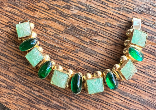 Vintage Early D&E Juliana Seguso Murano Glass Green Gold Flecks Bracelet  7.25"