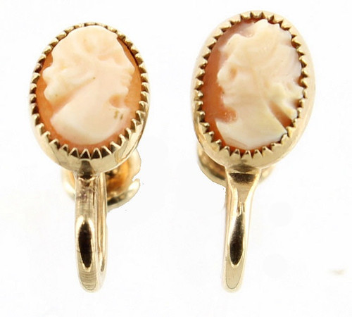 Vintage  12kt Gf Gold Filled Bezel Shell Oval Cameo Screw Back Earrings Dainty