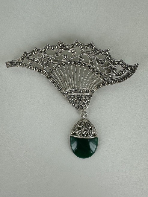 Vintage Sterling Silver Dangle Chalcedony Marcasite Filigree Fan Brooch/Pin 3"