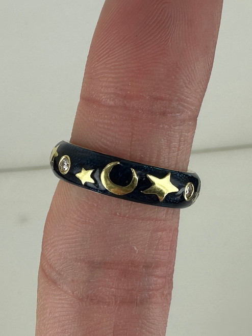 Vintage Hidalgo 18k Yellow Gold Moon & Stars Diamond Blue Enamel Ring 7