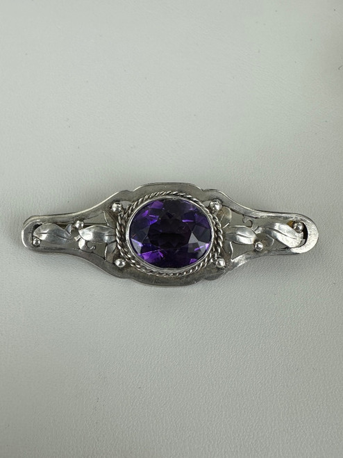 Antique Art Nouveau Amethyst Leaf Bar Brooch/Pin