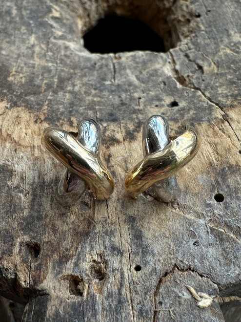 Vintage 70’s 14k Two Tone Gold X Kiss Stud Earrings .5"