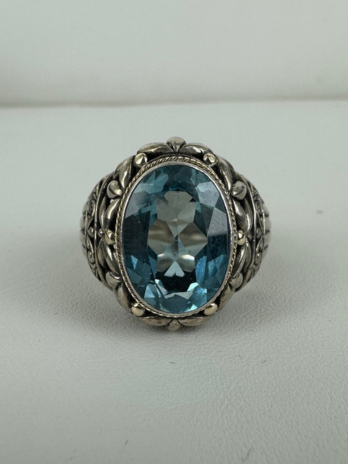 Vintage Sterling Silver Bali Designed Large Blue Topaz Floral Cocktail Ring Sz 9