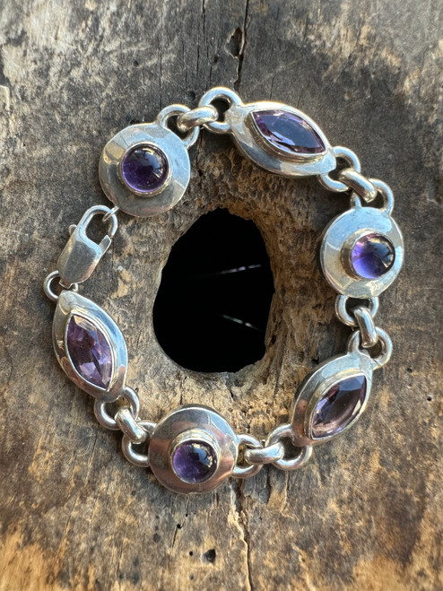 Vintage Sterling Silver Brutalist Amethyst Link Bracelet 7.25”