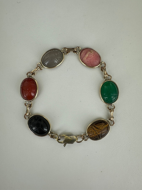 Vintage GF Multi Gemstone Scarab Carved Link Bracelet 7.75”