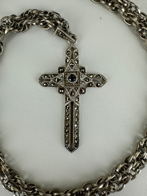 Vintage Sterling Silver Garnet Marcasite Gothic Cross Pendant Necklace 24”