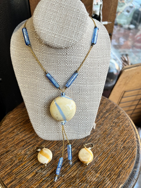Vintage 925 Murano Glass Gold Fleck Pillow & Blue Barrel Beads Necklace Set 20"