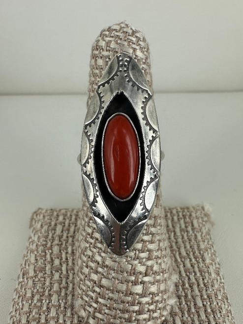 Vintage Sterling Silver Handmade Navajo Red Coral Elongated Ring Sz 7.75