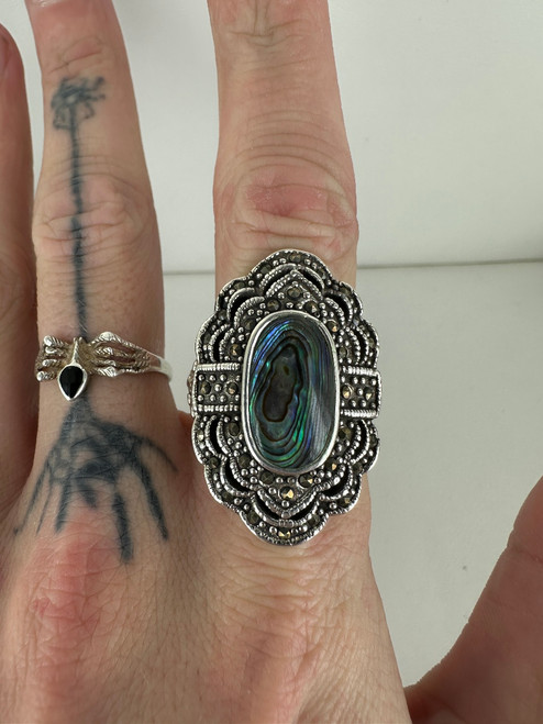 Vintage MCM Sterling Large Abalone Marcasite Cocktail Ring Sz 9