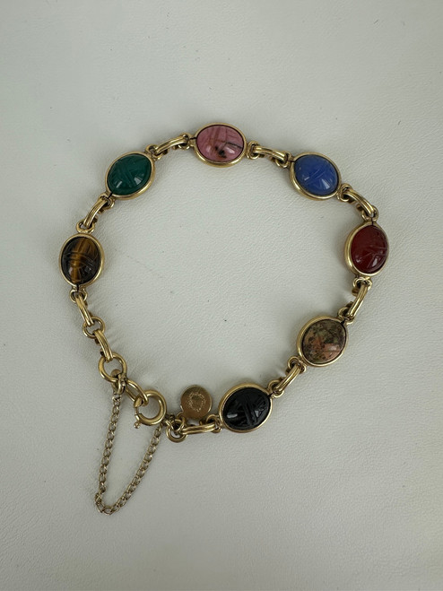 Vintage 12k Gold Filled Cute Multi Gemstone Carved Scarab Bracelet 7”