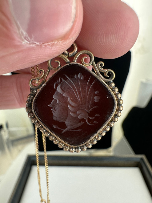 Antique Victorian 12k Gold Filled Carnelian Greek Intaglio Pendant Necklace 19”
