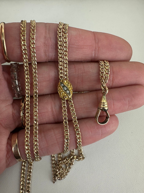 Antique Victorian 12k GF Muff 10k Pearl Slide Pocket Watch Guard Lanyard Chain