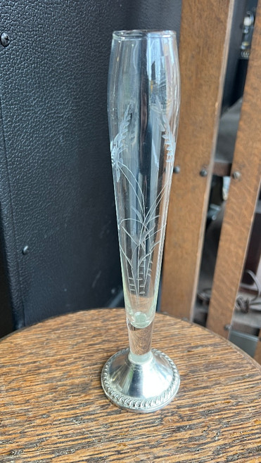 Vintage Sterling Silver Duchin Creation MCM Bud Vase Etched Glass Floral 9"+